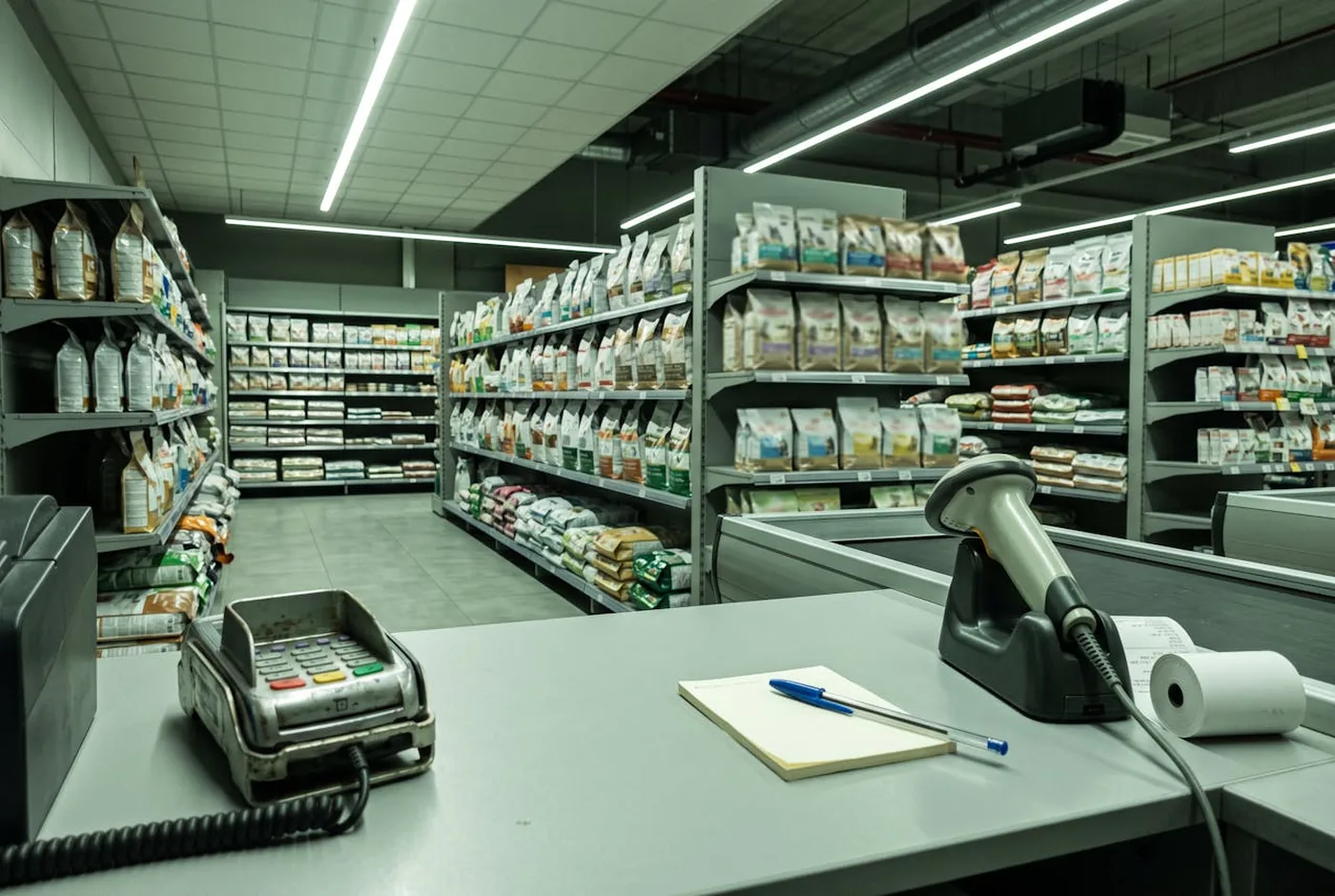 Un banco di negozio con un blocchetto per appunti e una penna